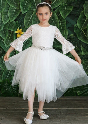 Bell Sleeves Ivory Lace Handkerchief Tulle Skirt Flower Girl Dress